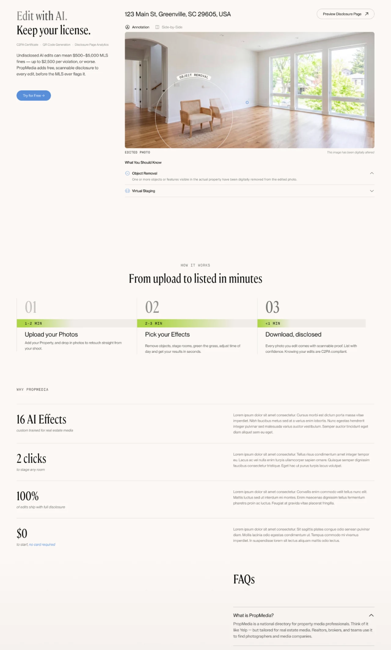 PropMedia marketing site — “Edit with AI. Keep your license.” and the how-it-works steps