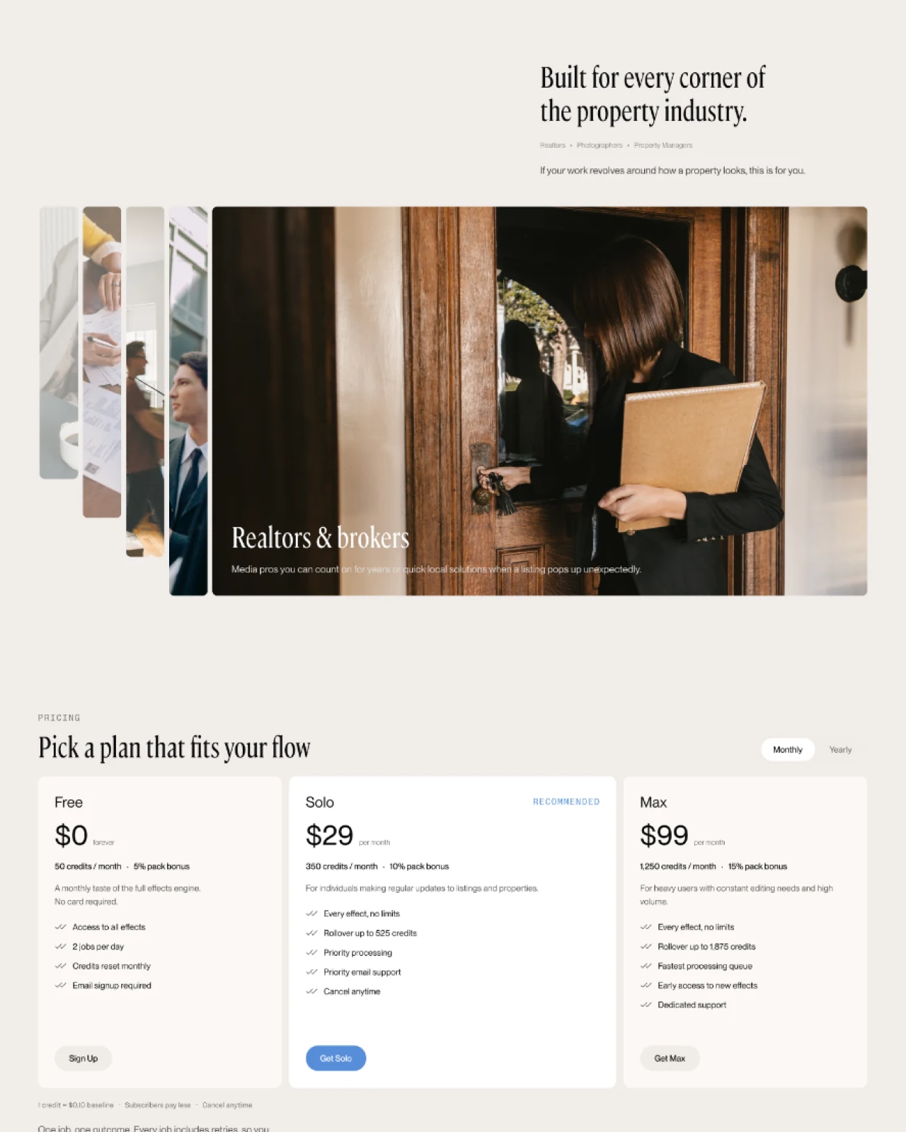PropMedia marketing site — “Built for every corner of the property industry” and pricing