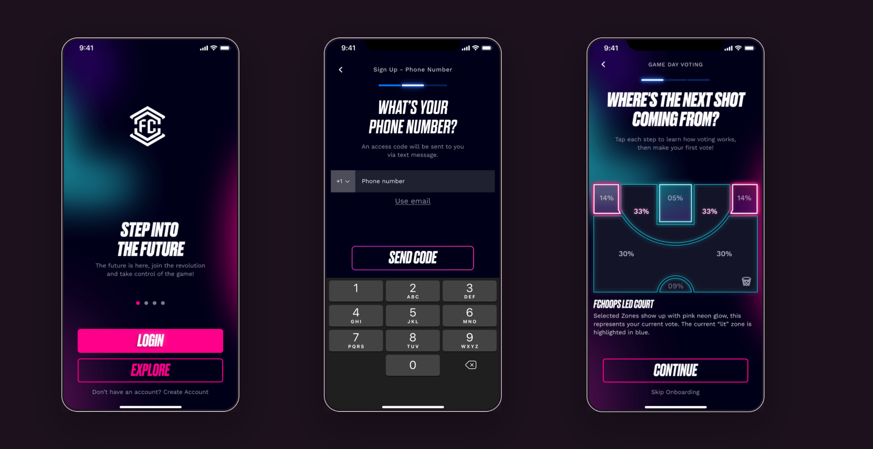Screenshot of app onboarding and voting screens