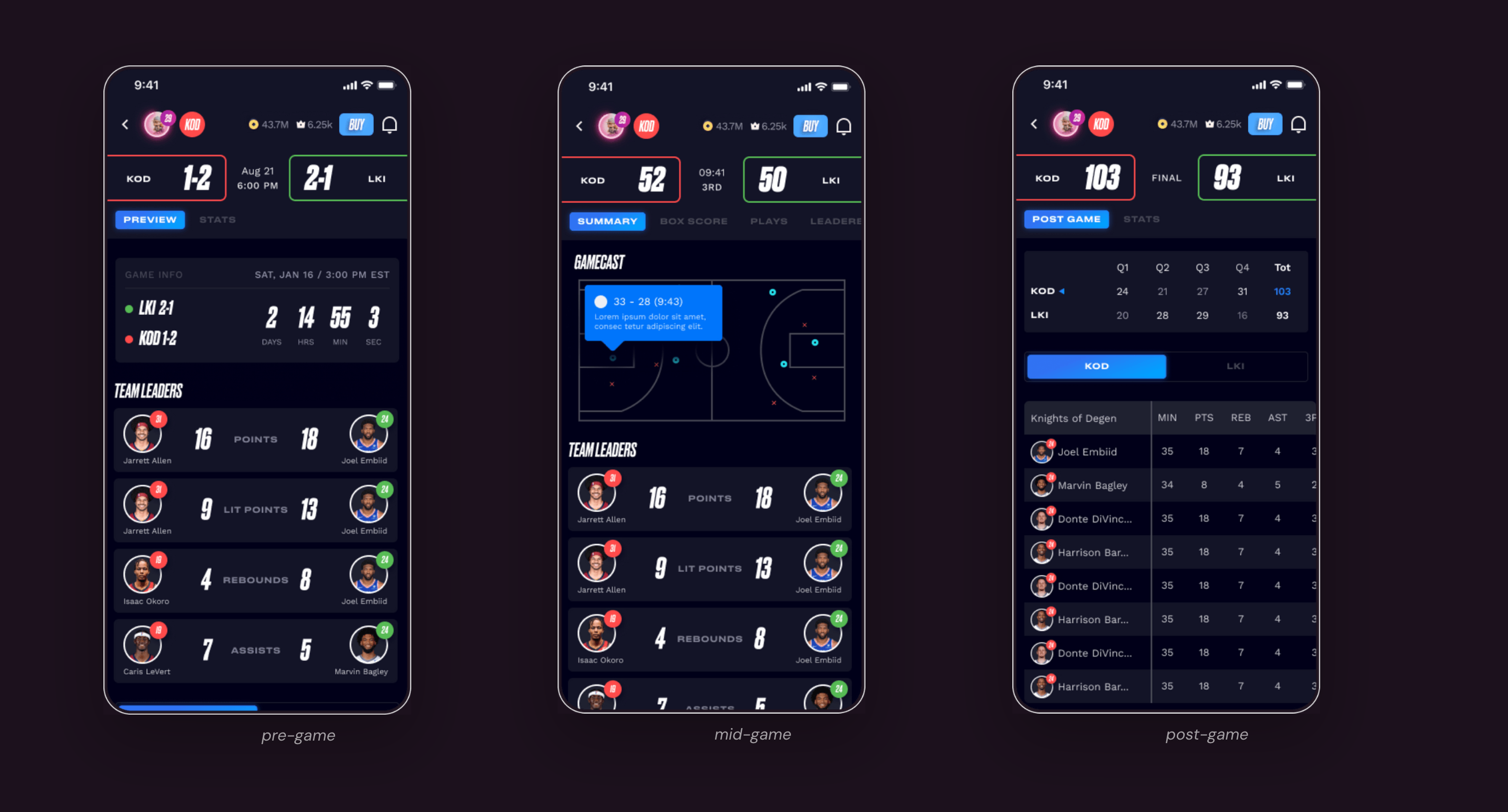 Screenshot of pre, mid, and post-game screens
