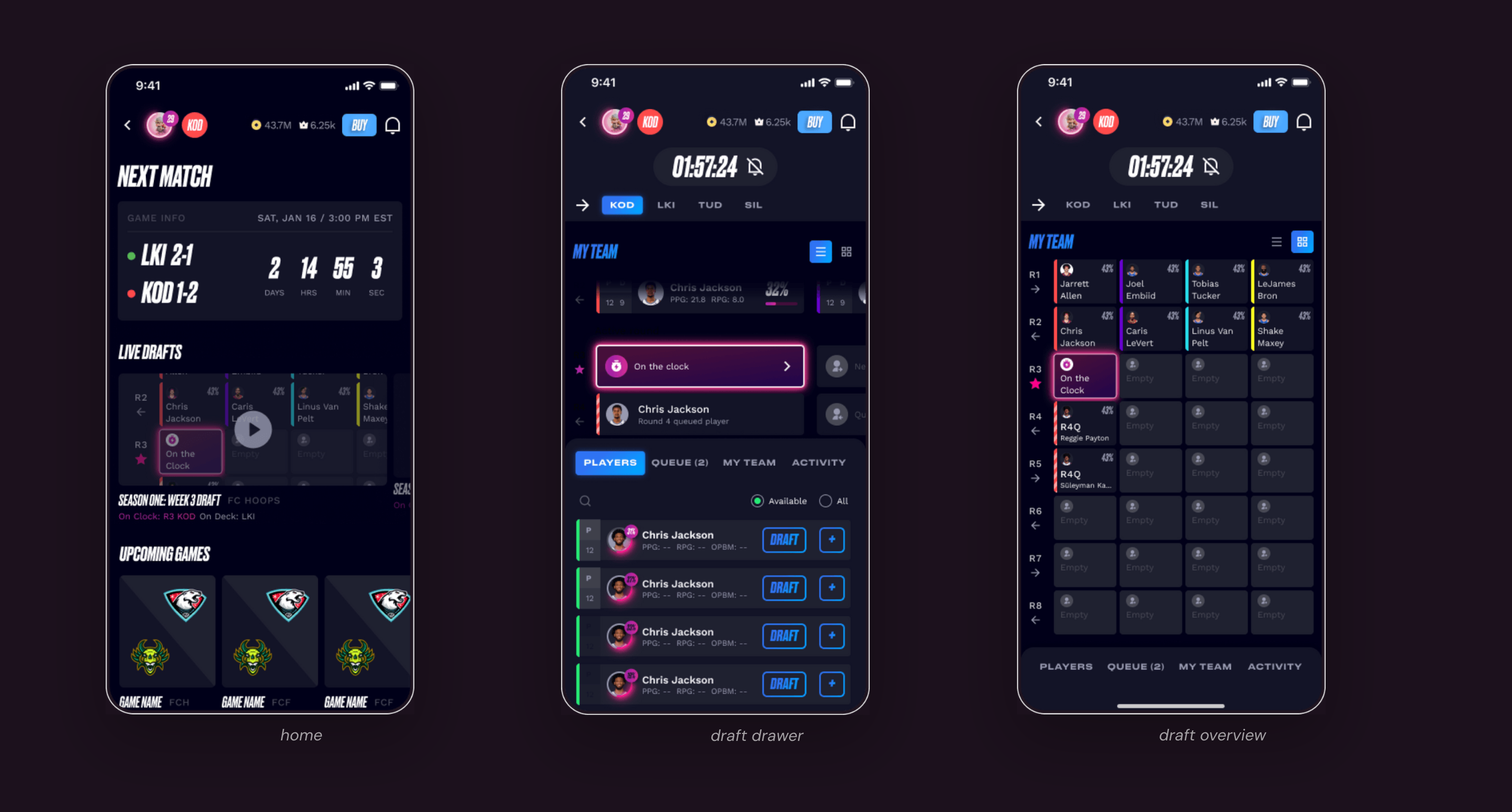 Screenshot of snake draft screens